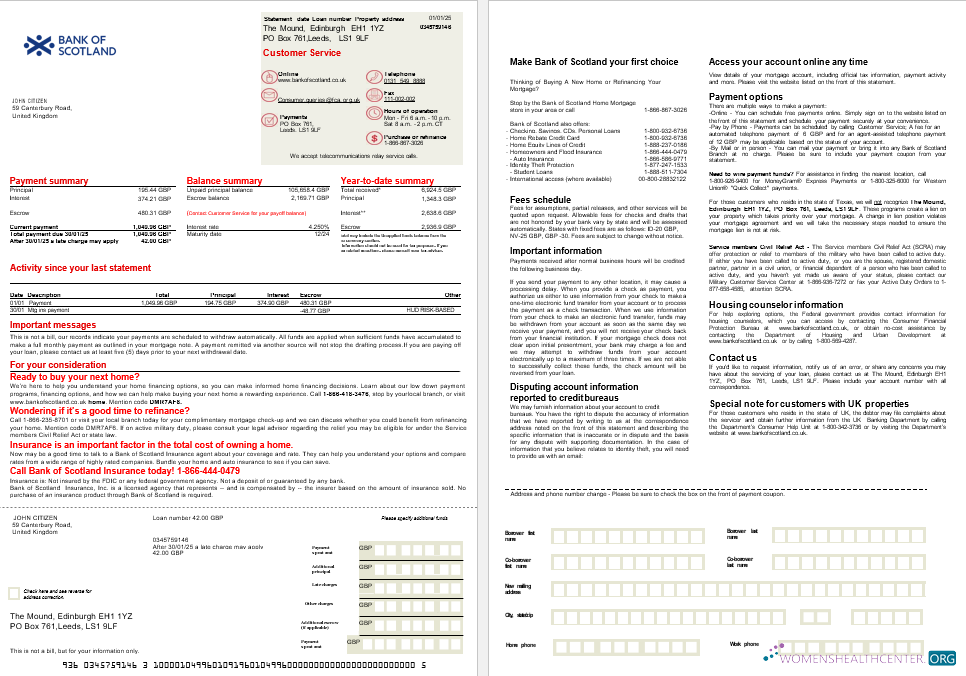 United Kingdom Bank of Scotland mortgage statement in Word and PDF formats, 2 pages
